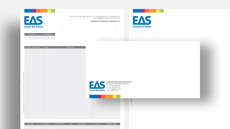 Diseño de papel carta, sobre americano sin ventanilla y factura para empresa de sector B2B 